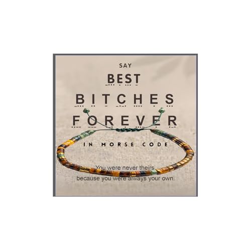 Strong As Fck Morse Code Motivational Bracelet For Women, Adjustable Natural Tiger Eye African Turquoise Stackable Bead Wrap Bracelets With Hidden Message Fashion Motivational Gift Jewelry (BEST BITCHES)