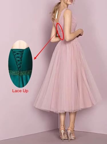 Tea Length A-Line V Neck Formal Evening Party Gowns for Women Sleeveless Puffy Midi Tulle Cocktail Prom Dress3