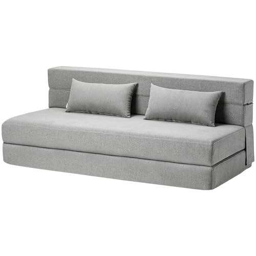 Folding Sofa Bed with Pillows- Convertible Chair Floor Couch & Sleeping Mattress, Foldable Memory Foam Sleeper for Living Room/Dorm/Guest Room/Home Office/Apartment/Loft, Queen, Light Gray