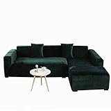 DH-Link Stretch-Sofabezug aus Samt, Plüsch, rutschfest, 1-teiliger Schonbezug für Sofas, dunkelgrün (4-Sitzer/215-280 cm)