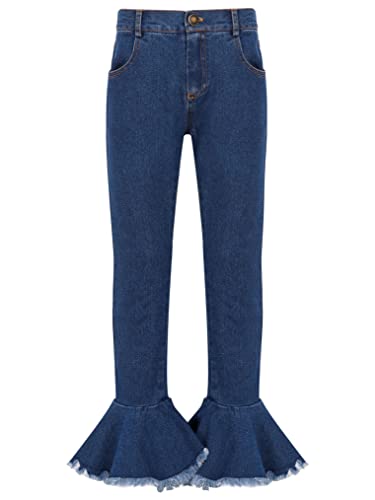 Kids Girls Button Down Raw Hem Bell-Bottom Denim Pants with Pockets Vintage Casual Jeans