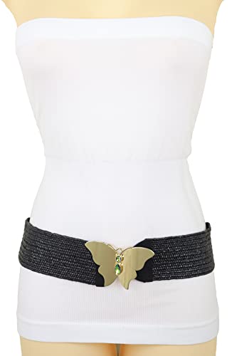 Women Fashion Elastic Black Belt High Waist Hip Gold Metal Butterfly Buckle S M3