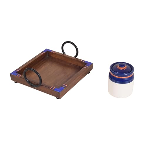 Image of AAKRITI ART CREATIONS Terra Wood Pickle Jar S04 W /Tray | Handcrafted Dhokra Brass Storage Jars| Kitchen Decoration Items Stylish Tray & Jars| Airtight Kitchen Jars with Teak Wooden