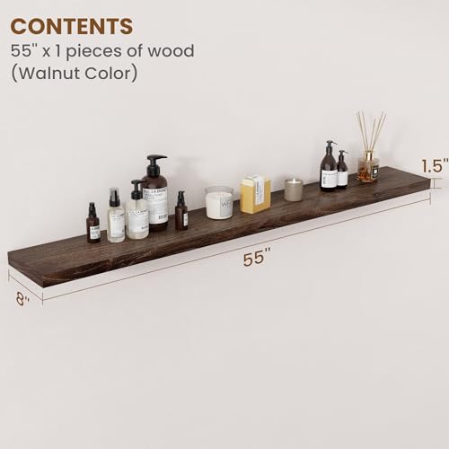 Image of Floating Shelves for Wall Decor, 8 Inch Deep Rustic Solid Elm Wood Floating Shelves Wall Mounted, Wall Shelves with Invisible Bracket for Living Room Bathroom Bedroom Kitchen, 55 Inch Set of 1, Walnut
