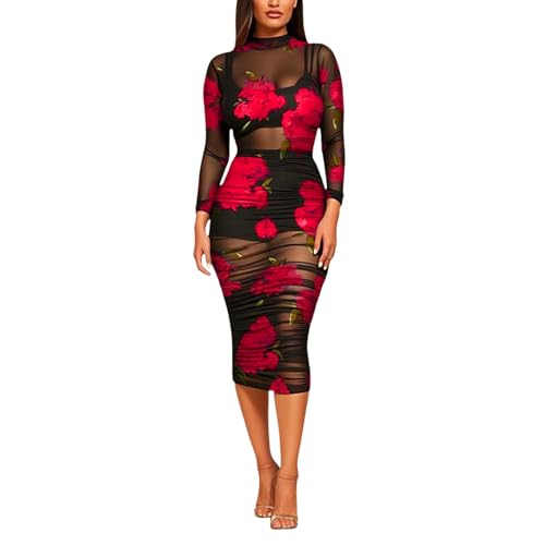 Damen 3-teiliges Mesh-Kleid mit Blumen-Print - Figurbetontes Set aus Top, Rock und Netzkleid | Auffälliges Party- und Club-Outfit