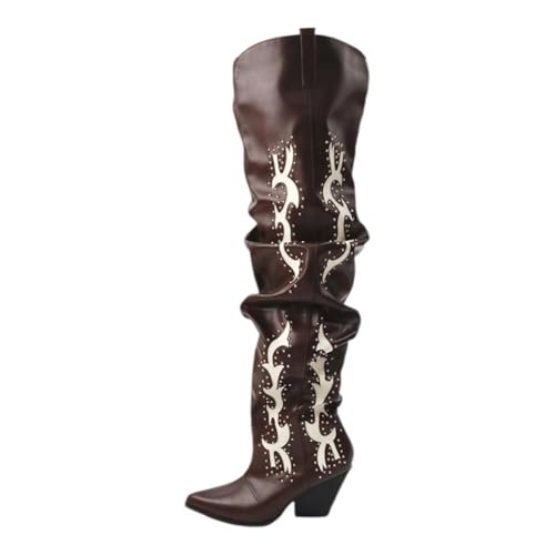 LEMONADE Women Over the Knee Thigh High Cowboy Boots, Chunky Block Heel Studded Slouch Cowgirl Western Boots