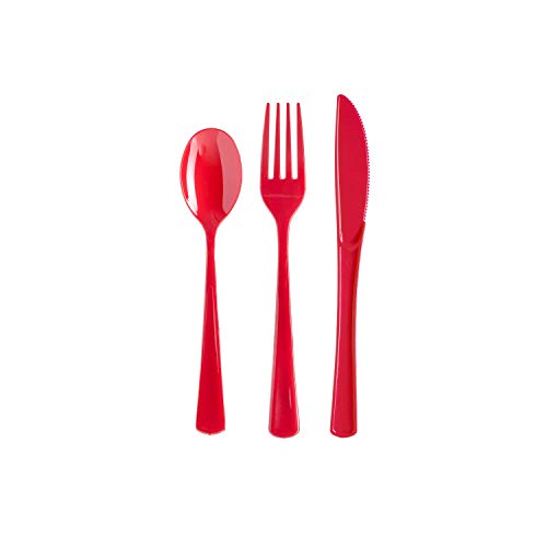 Exquisite 150 Pack Red Plastic Utensils Heavy Duty Cutlery Set 50 Plastic Forks 50 Plastic Spoons 50 Plastic Knives Perfect Plastic Silverware Party Pack Set for all occasions