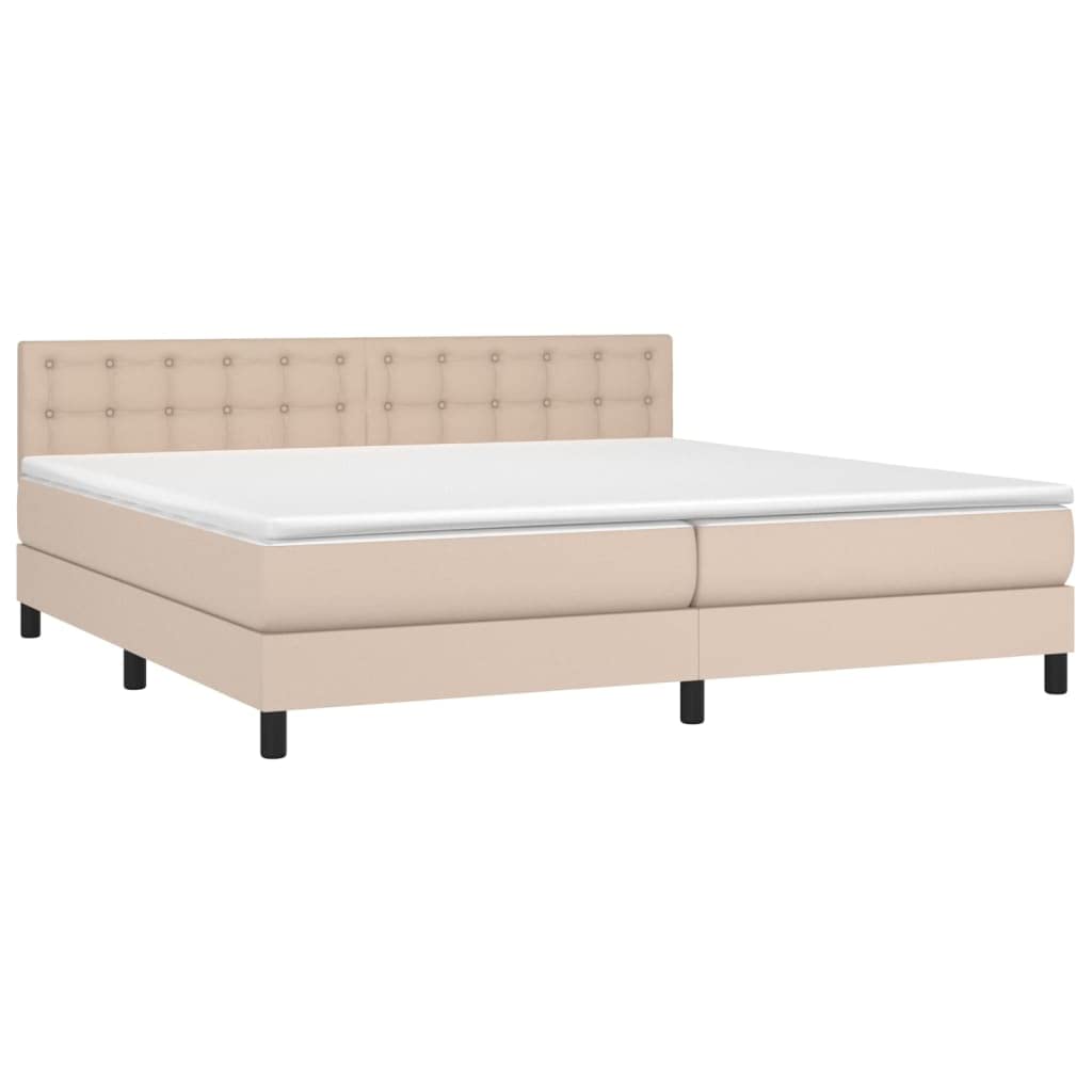 Cama con somier con colchón y LED marrón capuchino 200 x 200 cm, cama tapizada de piel sintética con cabecero regulable en altura, colchón de muelles ensacados, tiras LED USB, dormitorio
