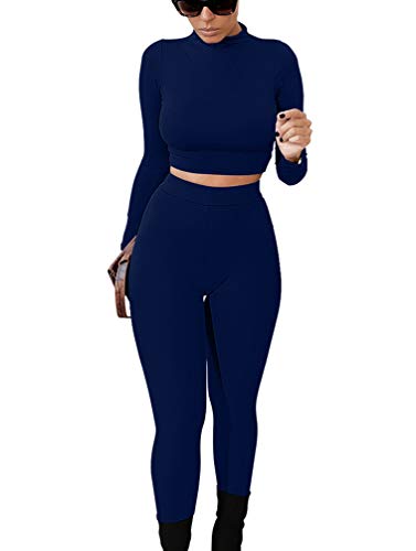 GOKATOSAU Women's Sexy 2 Piece Outfits Long Sleeve Crop Top Pants Set Club Jumpsuits Navy