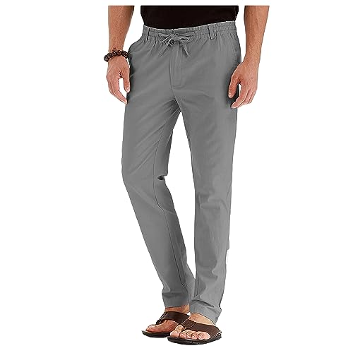 Mens Dress Pants Classic Fit Elastic Waist Drawstring Trousers Office Work Casual Cotton Lightweight Straight Pant