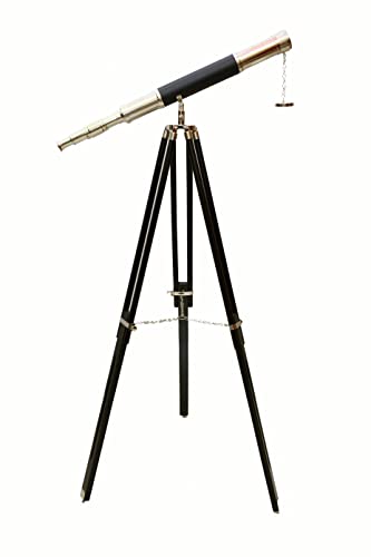 Antique Vintage Shiny Nickel Chrome Finish Telescope Nautical Leather Gifts Sail Boat with Black Wooden Standing Tripod Telescope