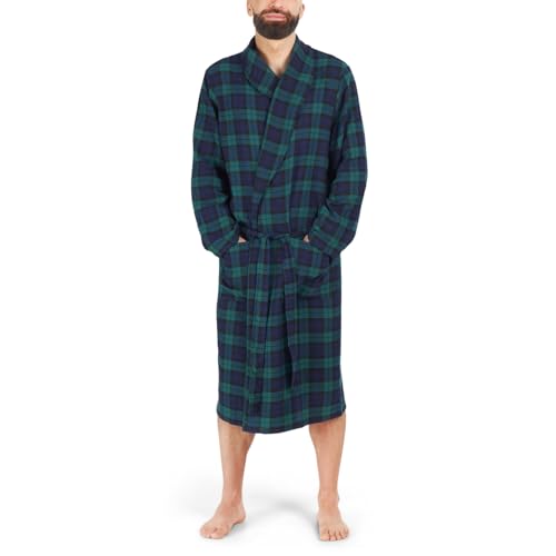 John Christian Men's Lightweight Cotton Robe, Green and Navy Blue Check2
