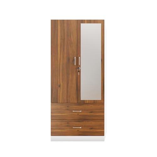 Image of VIKI Wardrobe | Wooden Almirah for Clothes,Door for Bedroom, 2 Door Wardrobe with Drawer, Mirror & Hanging Space (White & Walnut - 40D x 80W x 180H) | 1 Year Warranty | Free Assembly