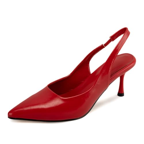 Red Slingback Pumps Heels Women Pointed Toe Sling Back Kitten Heels Bride Dress Causal Shoes 10