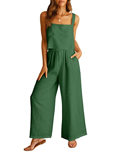 ANRABESS Womens 2 Piece Outfits Linen Pants Jumpsuit Matching Lounge Set Casual Summer Beach Vacation Trendy Clothes Grass Small