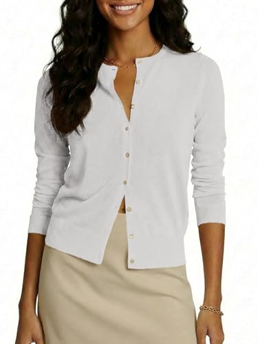 Saodimallsu Cárdigan de mujer de manga larga, ligero, cuello redondo, verano, fino, elegante, casual, liso, abrigo de punto con botones, blanco, S