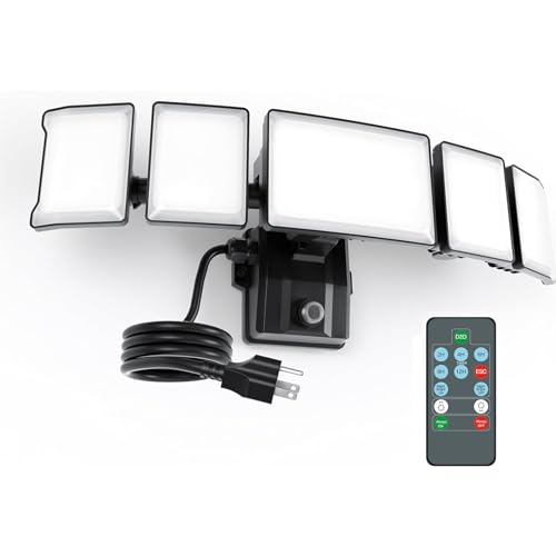 Olafus 120W Plug in Flood Lights Dusk to Dawn LED Outdoor Light with Remote, 5 Adjustable Heads IP65 Waterproof LED Security Light with Photocell for Yard Garden Porch Black