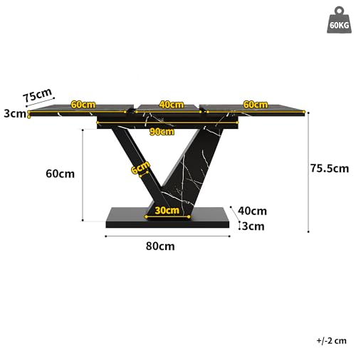 Merax Extendable Dining Table 120–160 cm, Marble Effect MDF Tabletop, Black L...