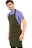 Under NY Sky Chef Apron – Professional Green Twill – Cotton Straps - Smart Pockets - Adjustable for Men and Women – Pro Chef, Cook, Kitchen, Baker, Barista, Bartender, Server Aprons