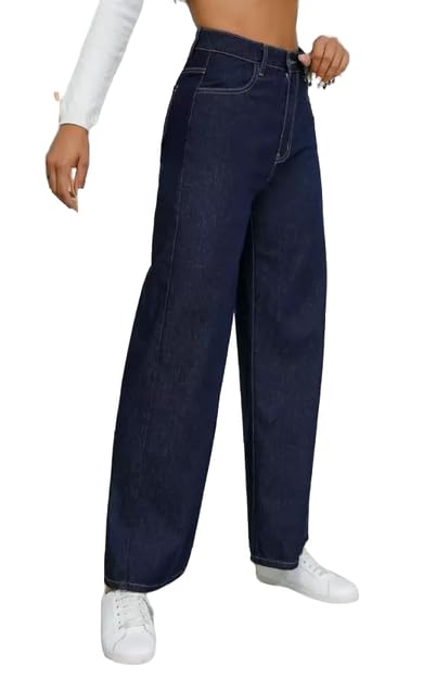 comfits Women's Wide Leg Denim Jeans, Dark Blue, Plain-picture-29