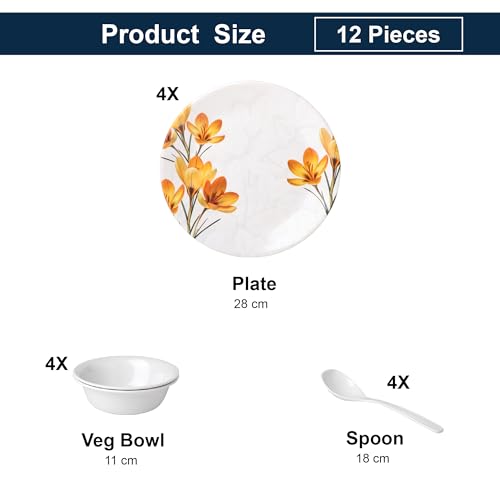Image of Golden Fish 12 Pieces Dining Set for 4 | Full Plates with Veg Bowls & Eating Spoons Combo | Basic Dinnerware Set for Daily Meals | Lightweight, Easy to Use & Ideal for Home, Hostel & Gifting