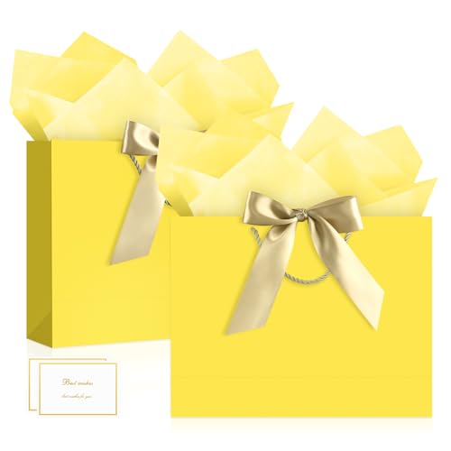 Image of JMANNI Gift Bags with Handles, 13 inch Medium Gift Bag for Presents, 2 Pcs Bags with 4 Tissue Paper and 2 Cards for Baby Shower Wedding Bridal Shower Mother's Day Birthday Party (yellow)