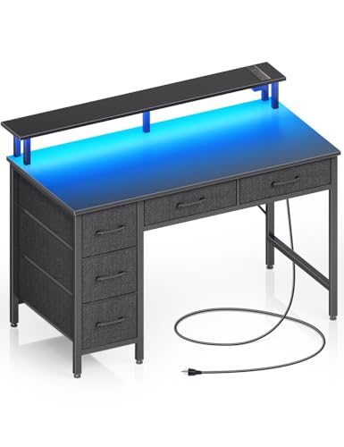 Seventable Computer Desk with Power Outlets & LED Light, 39 inch Home Office Desk with 5 Drawers, Writing Desk with Monitor Stand,Work Desk for Home Office, Black