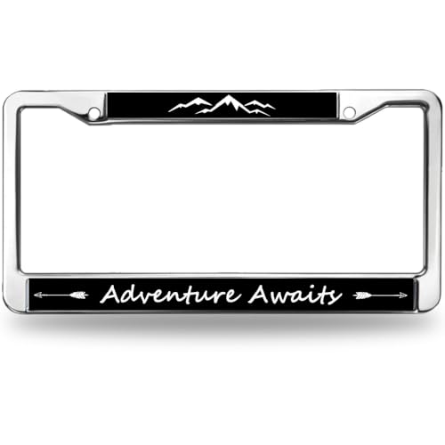 Image of Adventure Awaits Mountain License Plate Frame, Black Metal Auto Tag Cover | Express your love for outdoor adventure with this durable metal mountain license frame, weather-resistant to last.