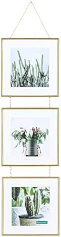 Bowenturbo Metal Picture Frame Display Hanging Wall Mounted 3 opening Photo Frames (Brushed Gold, Three 7x7(with mat 5x5)