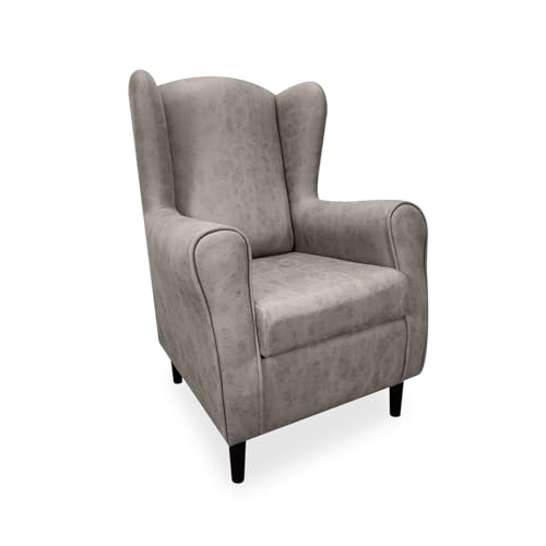 amuéblate online - Sillón Orejero Dama, Butaca Pequeña para Salón. Sillones de Lectura Individual, Medidas: 105 cm (Alto) x 75 cm (Ancho) x 83 cm (Fondo) Tela Magnol Color Cemento y Patas Wengué