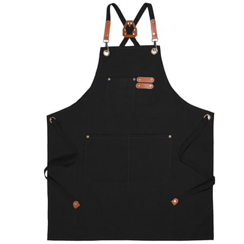 Oursanum Chef Aprons For Men,Adjustable Cross Back Unisex Canvas Aprons with Pockets, Wear-Resisting For Cooking BBQ Baking Gardening Work Kitchen Essentials (Black)