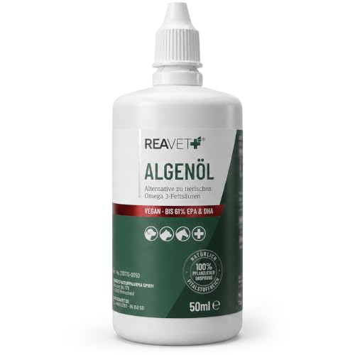 ReaVET Algenöl für Hunde, Katzen & Pferde 50 ml – Hochkonzentriertes veganes Omega-3-Öl aus Mikroalgen mit bis zu 61% EPA & DHA – Fischfreie Alternative zu Lachsöl & Fischöl