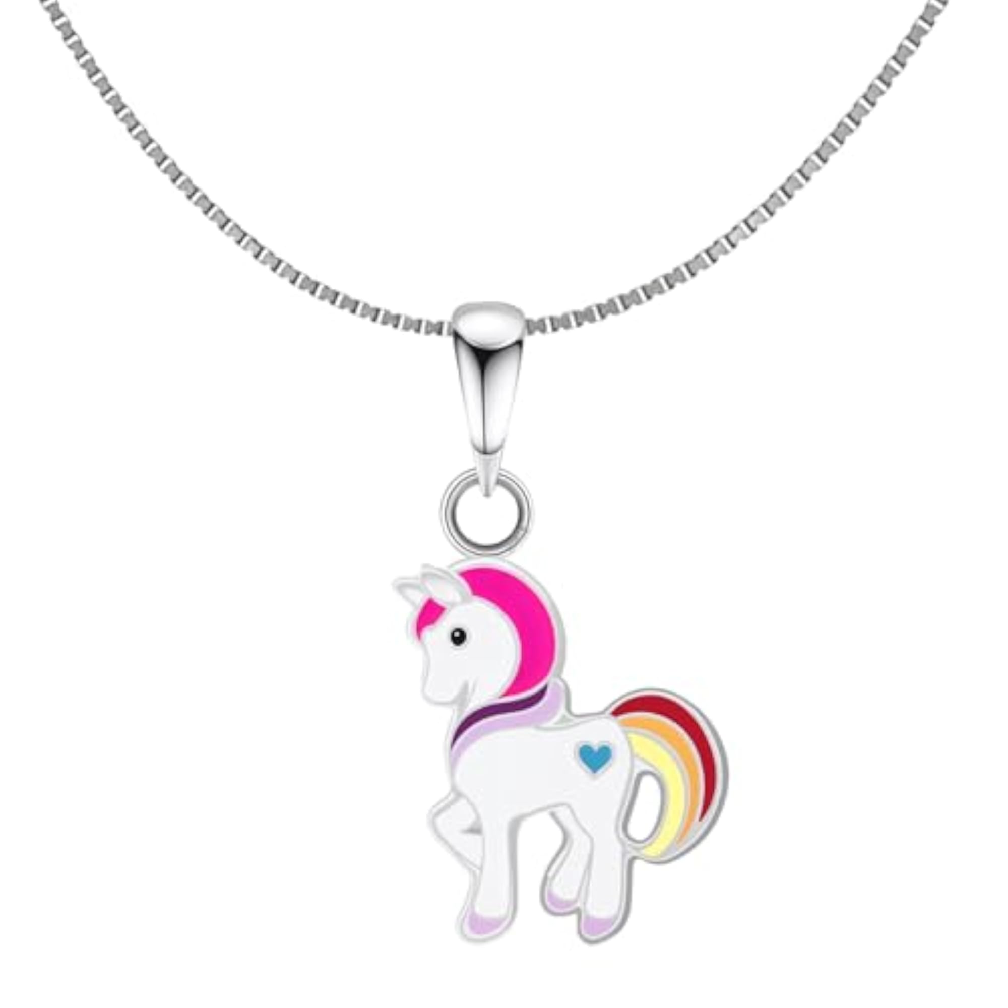 925 Silver Cute Enamel Blue Heart Unicorn Pendant & Chain