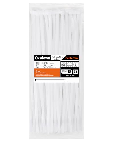 Oksdown 100 Pack White Plastic Cable Ties 300mm×4.8mm Strong Nylon Heavy Duty Self Locking 12 inch/30 cm Long Zip Tie Wraps