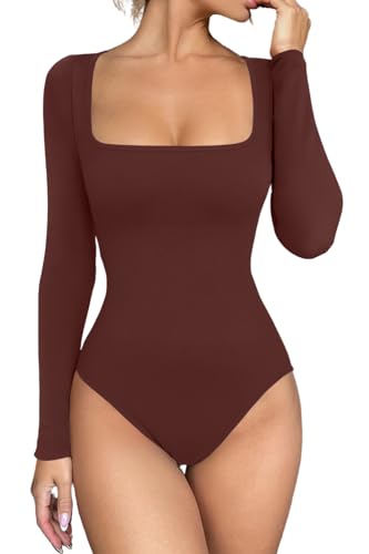 Meyeeka Women's Sexy Seamless Bodysuit Square Neck Body Suit Long Sleeve Top