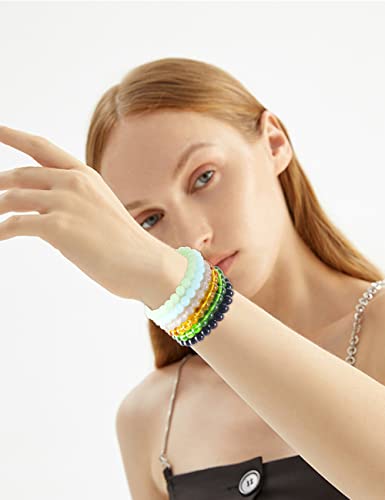 PIPITREE 15Pcs 6mm 8mm Beaded Stretch Bracelet Handmade Glass Bracelet for Women, Multicolor Crystal Round Beads Bracelet Elastic Bead Bracelets Pack Jewelry4