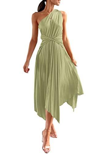 PRETTYGARDEN Women's Summer Long Satin Dress One Shoulder Sleeveless Ruched Twist Flowy Maxi Dresses