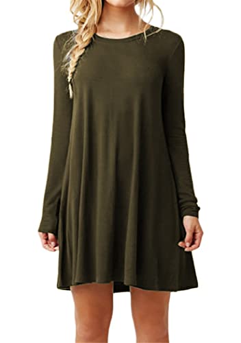 OMZIN Damen Winterkleid für Damen Tshirt Kleid Rundhals Langarm Minikleid Kleider Langes Shirt Tunika Strandkleid Armee grün XL
