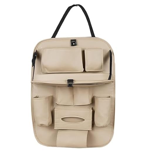 Car Backseat Organizer with Multi-Pockets β Leather Car Seat Back Protector with Foldable Table Tray β Travel Storage Bag for Kids & Adults β Universal Fit (Cream)