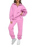 AUTOMET Women's Sweatsuits 2 Piece Outfits Lounge Sets Long Sleeve Half Zip Pullover and Baggy Sweatpants with Pockets Pink L