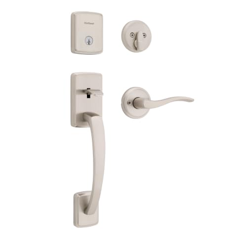 Image of Kwikset Brentford Keyed Entry Front Door Handleset, Satin Nickel
