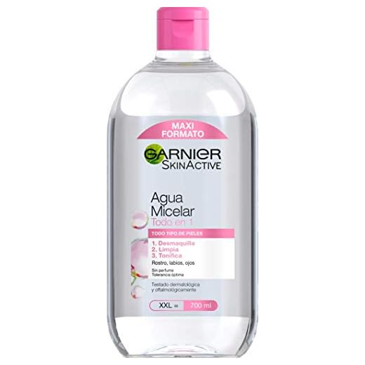 Garnier Skin Active, Agua Micelar Clásica Todo en Uno, Desmaquillante, Limpiador Facial, Limpia Rostro, Labios y Ojos, Sin Aclarado, para Todo Tipo de Pieles, Formato Maxi, 700 ml