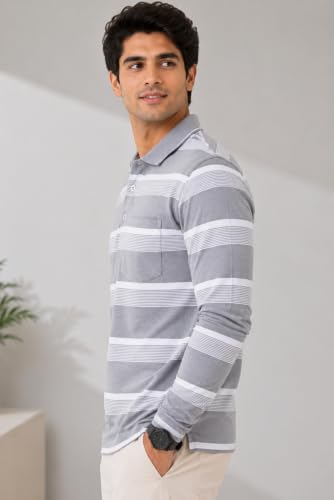 Image of SANE ORIGINALS Full Sleeves Polo T-Shirt for Men with Pocket || Stripe Collar and Pocket T-Shirt for Men Long Sleeves
