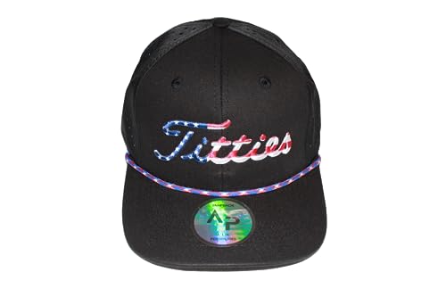 Image of USA Titties Black with Black Laser Mesh Red, White, and Blue Rope Golf Hat Men Women Funny Baseball Cap Trucker Hat