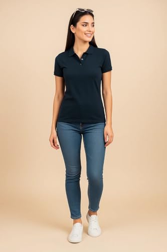 Image of JUNEBERRY Pure Cotton Regular Fit Plain Solid Classic Polo Collar Half Sleeve T-Shirt for Women (Colors: Olive, Maroon, Navy, Black, Green & Orange)