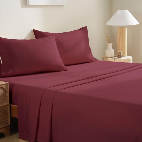 4 Piece King Size Sheets Set, Breathable & Cooling King Sheets Set-Burgundy - image 1