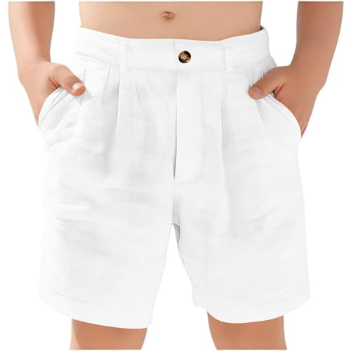 TYUSGH Pantalones cortos de algodón y lino para niños, casuales, ligeros, bermudas de verano para adolescentes, holgados, atléticos, para la playa, para la escuela, correr, deportes, blanco, 9 10 años