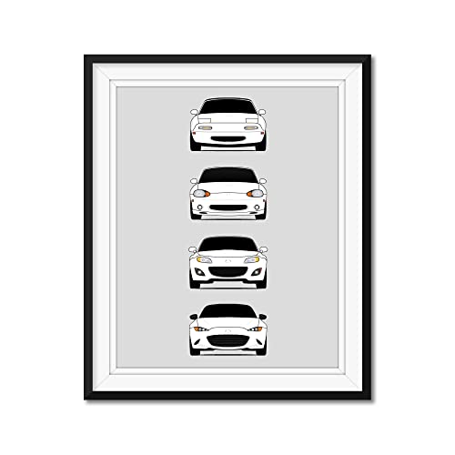 Custom Car Posters Handmade Poster compatible with Mazda Miata MX-5 Generations and Print of NA Miata, NB Miata, NC Miata, ND Miata - White, 8x10 Metallic Print (Unframed)