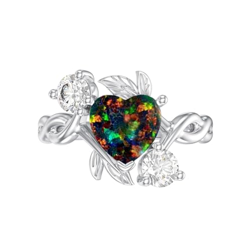 Image of 0.3 Carat Moissanite and White Opal /Blue Opal /Black Opal Engagement Ring 925 Sterling Silver 8-9 MM Heart /Round /Oval Cut Opal Moissanite Ring for Women Size 5-13