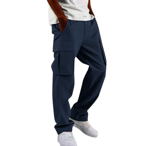 Wide Leg Corduroy Cargo Sweatpants for Men Drawstring Elastic Waist Athletic Joggers Lounge Pants with Pockets